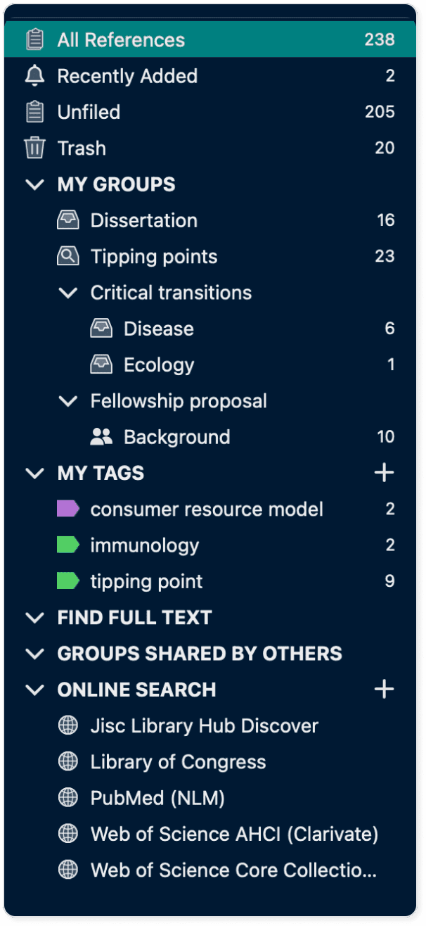 EndNote's left panel